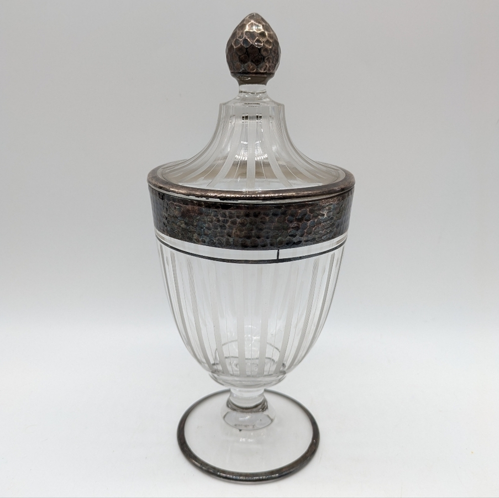 Vintage Hammered Style Accent Lided Glass Footed Compote Candy Jar